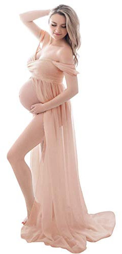 FEOYA Robes Enceintes Maternité Photographie Robe Sexy Longue Jupe en Mousseline de Soie Fente Avant pour Souvenirs Photographie Rose XL