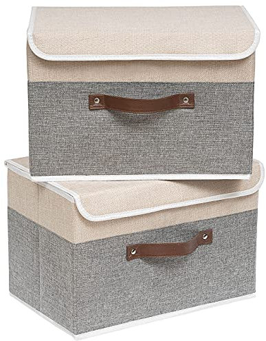 OUTBROS Aufbewahrungsbox aus Stoff, 38 x 25 x 25 cm, Boxen Aufbewahrung mit Deckel, Aufbewahrungskorb, Organizer für Kleidung, Bücher, Beige/Grau,2 Stück,ST02BGS2