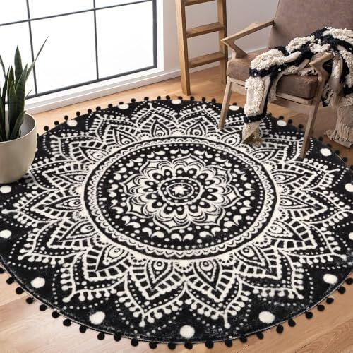Uphome Boho runder Teppich für Wohnzimmer, 10,2 cm, runder schwarzer Mandala-Teppich mit Pompons, Fransen, waschbar, niedlicher Bohemian-Akzent, Überwurf, Teppiche, rutschfest, weiche Bodenmatte für
