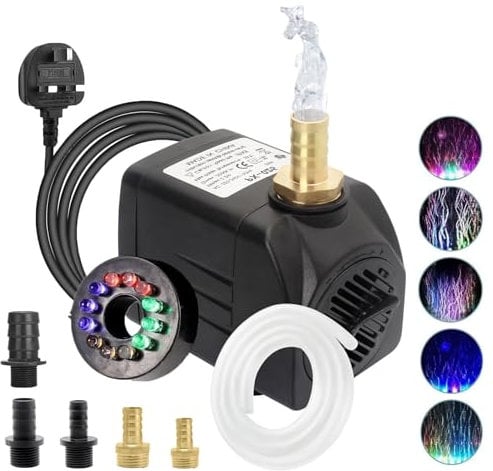 Lnicez 𝐂𝐨𝐥𝐨𝐫𝐟𝐮𝐥 Submersible Pump 𝟮𝟬𝟬𝟬𝐇/𝐋 25W Aquarium Water Pump with 𝐋𝐄𝐃 𝐋𝐢𝐠𝐡𝐭 Ultra Quiet Pond Pump with the Hose, 5 Nozzles for Aquarium&Fish Tank&Other Scene- 1.8m Power Cord