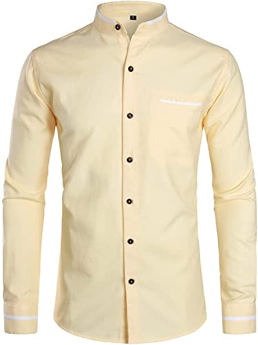 PARKLEES Mens Hipster Design Grandad Collar Oxford Shirt Slim Fit Long Sleeve Casual Button Down Dress Shirts with Pocket Light Maize XXL