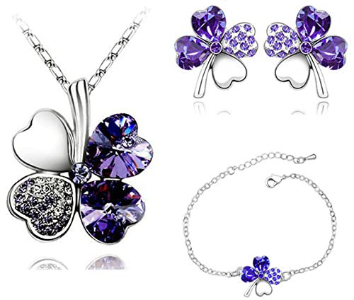 Yifnny Vierblättriges Kleeblatt Schmuckset, Glücks Vierklee Herz Halskette Ohrringe und Armband Grünes Vierklee Kristall Set Irischer Schmuck für Frauen Hochzeitstag Geschenk (Dunkellila)