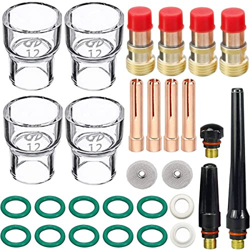 QAQGEAR 29 Stück TIG Stubby Gas Lens 17GL332 3/32 & #12 Glas Cup & Wig Gas Lens Collet Kit für WP-17/18/26