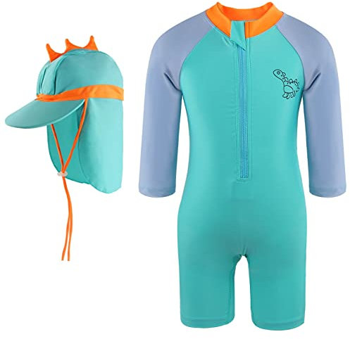 M MUNCASO Traje de baño para bebé niño con gorro surtido, cremallera, protección UV, traje de baño para bebé, Lac azul, 3-4 años