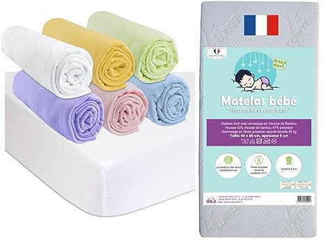 Easy Dort KIT Pratique Bebe | Matelas 60x120 Lit bébé Lit Parapluie Berceau + 6 Draps Housse Coton Mixte + 2 Alèses Coton | Kit Complet lit bébé | Certifié Oeko-Tex | Fabrication France & UE