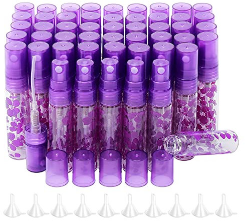 Rowiz 50Pcs 5ml Glass Spray Bottles with Funnel Empty Mini Perfume Bottle Sample Spray Bottles Set Small Fine Mist Atomizer Sprayer Vials for Essential Oils, Purple