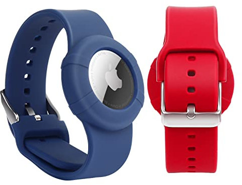 Paquete de 2 Pulseras Ajustable Suave compatibles con Apple AirTag, Correa de Reloj para niños pequeños y Mayores(Azul&Rojo)