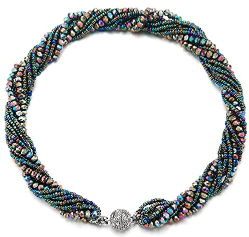 COOLSTEELANDBEYOND Bunter Statement Anhänger Multi-Schichten Perlen Kristall Geflochtene Kette Halsband Choker Magnetverschluss