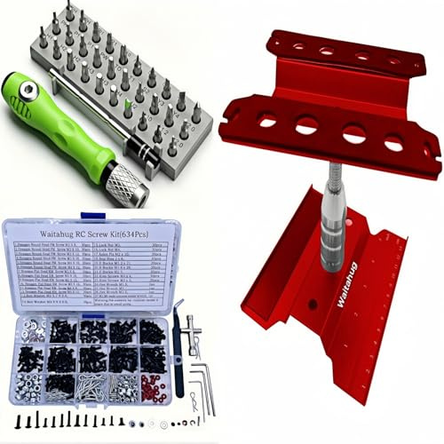 RC Car Repair Tool Set-634 Pcs Screw Kit-360 Degree Rotation Liftable Repair Workbench-32 Pcs Screwdriver Set-1/16 1/12 1/10 1/8 All Kinds of Remote Control Trucks, Cars, Trains, Planes, etc (Red)