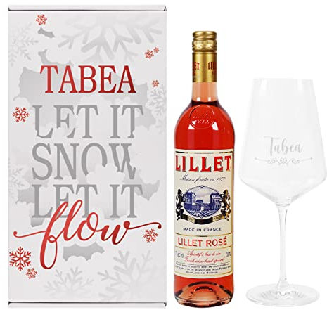 Herz & Heim® Lillet Geschenkset Let it snow, let it flow mit graviertem Weinglas, Geschenkbox und 1 Flasche Lillet blanc oder rosé/Geschenkidee Rosé