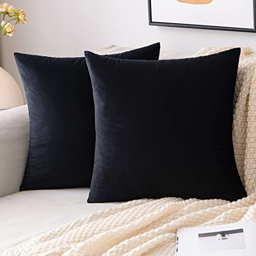 EMEMA Samt Kissenbezug Kissenhülle Dekorative Dekokissen Sofakissen Lendenkissen Wurfkissenbezug mit Verstecktem Reißverschluss Schlafzimmer Sofa 2er Set 45x45 cm Schwarz