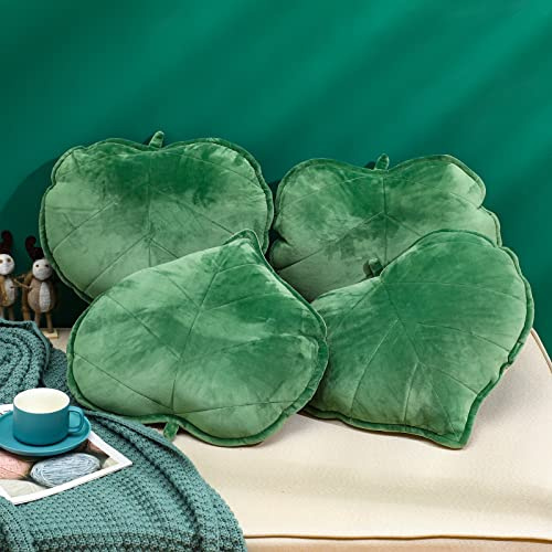 Tatuo 4 Pcs Leaf Shaped 3D Throw Pillows Plush Dark Green for Sofa Bed