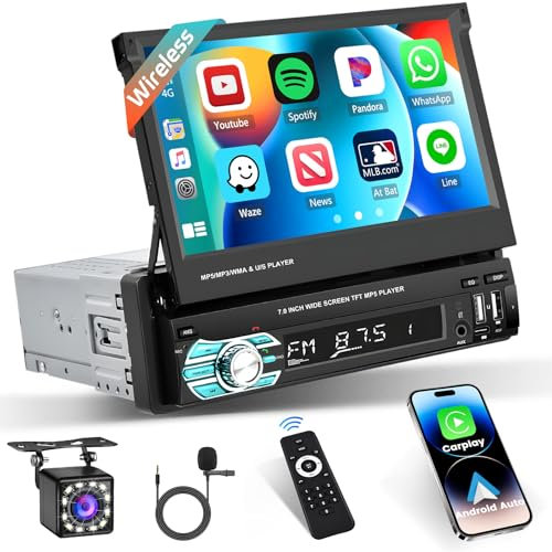Hikity 1 DIN Radio de Coche Wireless Carplay Android Auto, Pantalla Táctil de 7 Pulgadas Plegable Bluetooth Auto Stereo Soporte FM, Mirror Link, Cámara Trasera, Micrófono, TF Card, USB, AUX-in, Type-C