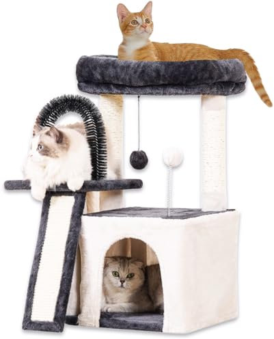 Happi N Pets katzenbaum klein, 76 cm Katzenbaumturm Mit Sisal-Seil Und Gemütliche Katzenstange, Großer Katzenhöhle, Mit Selbstpfleger Für Katzen, Stabil Aktivitätskratzbäume,hellgrau