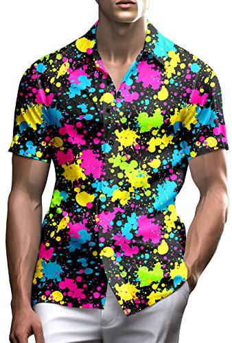 80er Jahre Hemden für Herren Lustiges Vintage 90er Jahre Outfit für Männer Hawaiihemden Button-Up 90er Jahre Party Strand Hemd Herren 80er Jahre Kleidung, 80er Jahre Neon Splash, Mittel