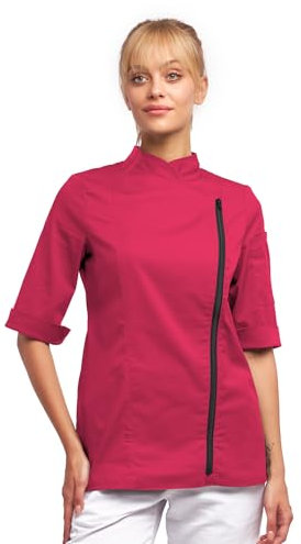 strongAnt Damen Kochjacke 3/4 Kurzarm mit Reißverschluss Stretch Professionelle Kochuniform - Pink, Größe: 2XL
