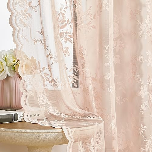 SEEKRIGHT Rideaux en dentelle rose pâle – 213 cm de long – 2 panneaux de voilages à motif floral français pour salon et chambre à coucher – Style victorien vintage – Passe-tringle, bords filtrant la
