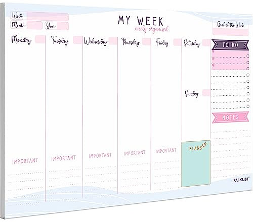 PACKLIST® Weekly Planner Pad A4 - Stylish Undated Weekly Organiser, 52 Pages for Home, Study, Work & Family Plans - Beautiful Timetable Planner & Notes to Stay Organised & to Boost your Productivity