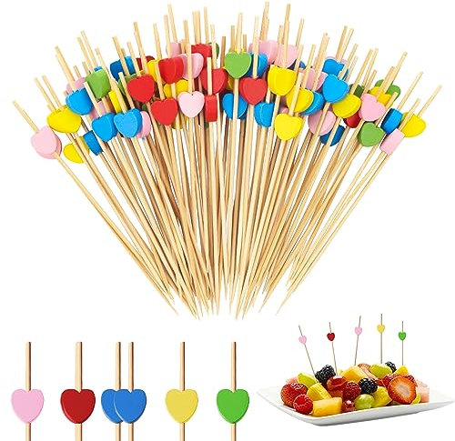 Lot de 100 pics à cocktail en bois en forme de cœur avec jolie décoration pour bar, gâteau, fête et fête d'anniversaire, brochette de fruits, décoration de cocktail