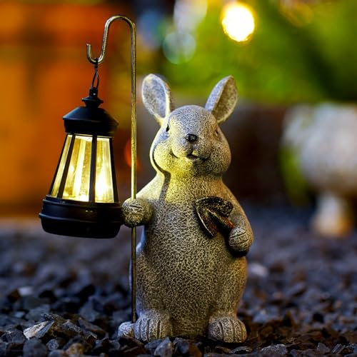 Yeomoo Kaninchen Gartenfiguren mit Solarlampen Gartendeko für Draußen: Hase Deko Garten Zimmer mit Solarlaterne Geschenke für Frauen Mama Geburtstag Wetterfest Deko für Balkon Terrassen Aussen