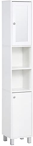 kleankin Meuble Colonne de Salle de Bain, Armoire Haute de Salle de Bain, Meuble de Rangement, 2 placards (1 avec Miroir), 6 niches, étagères réglables, 30 x 28 x 180 cm, Blanc