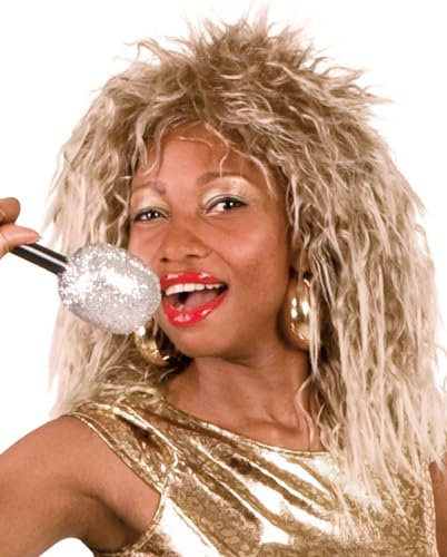 MIMIKRY Tina 80s Disco Queen Shag Cut Perücke Blond/Braun Löwenmähne fransig Locken Rockstar Popstar