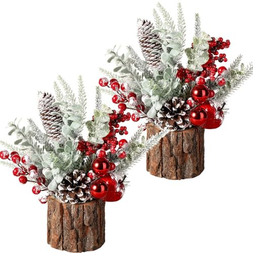 Hatisan Kleiner Weihnachtsbaum mit Weihnachtsschmuck, Tannenzapfen, Beere, künstlicher Tisch-Weihnachtsbaum für Weihnachtsdekorationen, Zuhause, Zimmer, Party, Winter, drinnen und draußen, 2 Stück,