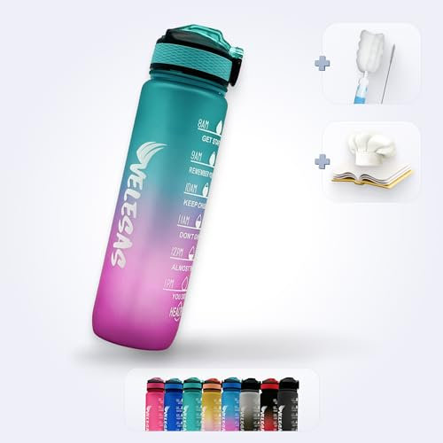 Velesas® 1l Wasserflasche mit motivierender Zeitmarkierung | Trinkflasche aus Tritan mit Strohhalm | Sportflasche für Schule, Job, Fitnessstudio, Büro, Fahhrad, Wandern | BPA-Frei | Türkis/Rosa