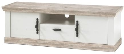 TV-Lowboard in weiß und Oslo Pinie Landhaus TV-Unterteil Fernsehtisch Fernseherunterschrank TV-Board Landhaus Stil 156 x 51 cm Rovola (Lowboard 2)