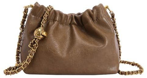 LYEAA Frauen Kette Umhängetasche Wolke Crossbody Einkaufstasche PU Leder Falten Hobo Bag Satchel Sling Bag Täglich Dating Geldbörse, khaki, 34*20*12cm/13.39*7.87*4.72inch