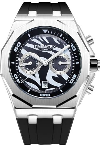 TIMEMATRIX Herren-Automatikuhr mit schwarzem Silikonarmband – Wasserdichtes Multifunktions-Zifferblatt mit Leuchtzeigern in Panda-Farbdesign (Modell: TMX8039)
