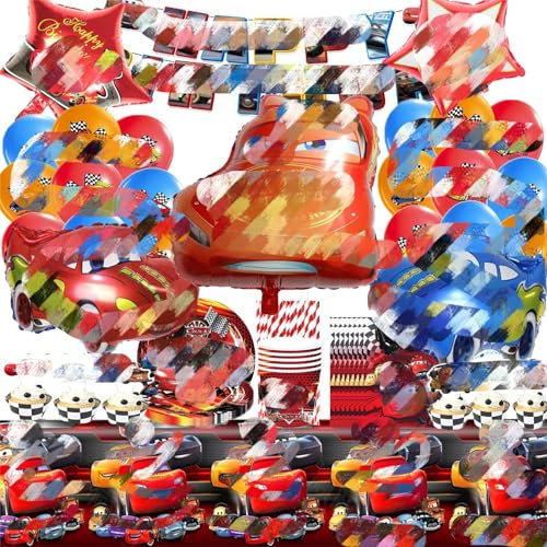 Anniversaire Car Assiettes pour 20 Personnes, 117 PCS Vaisselle de Fête Car, Vaisselle Anniversaire Car, Car Deco Anniversaire Garçon Enfant Assiettes Tasses Serviettes Nappe Bannière Ballon
