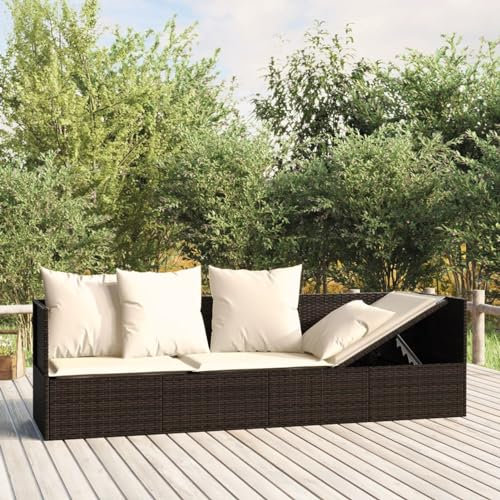 TANZEM Outdoor-Loungebett mit Kissen, Lounge Sofa Outdoor, Sonneninsel Outdoor, Outdoor Liege, Daybed Outdoor, Outdoor Bett, Garten Lounge, Braun Poly Rattan