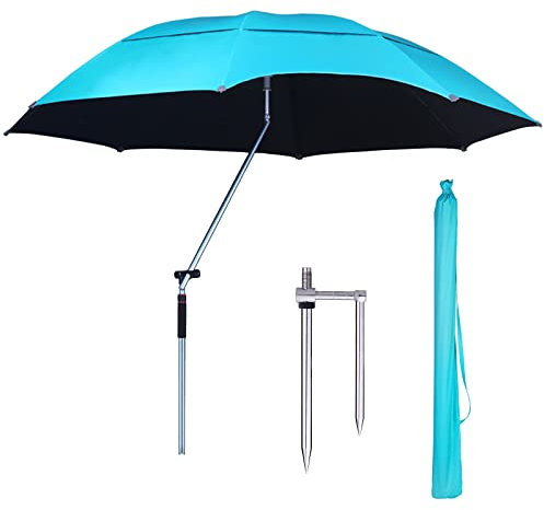 LiJJi Tilting Sun Shade Umbrella 7.8 FT Outdoor Fishing Umbrella, Sun Protection Showerproof Largebeach Umbrella, 16 Sturdy Ribs, Adjustable Height Pole, with Sand Anchor & Carry Bag