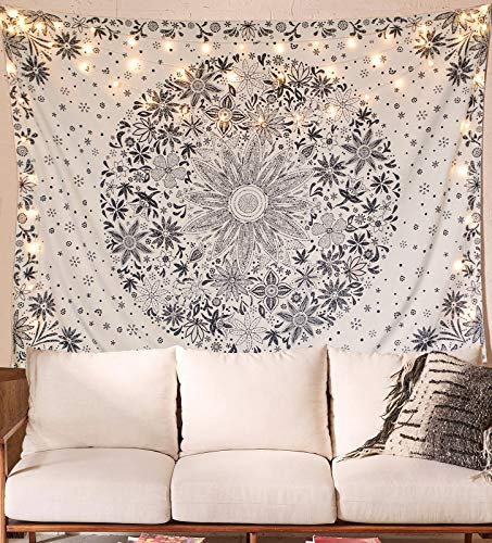 Neasow Bohemian Tapestry Wandbehang, Beige White Floral Tapestry mit Dotted Daisy Medallion Print Schlafzimmer Boho Hippie Home Decor (Beige, 90×120cm)
