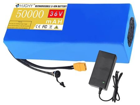 HJGHY Batteria al Litio 36V 50Ah Batteria agli ioni di Litio 10S10P Batteria Impermeabile agli ioni di Litio da 36 Volt per Motore Scooter Pieghevole 0-1800W con Caricabatterie 2A,Xt60,36V 50Ah