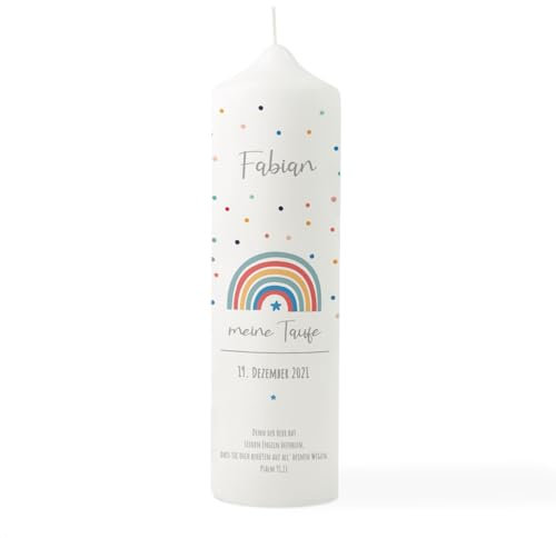 Taufkerze Junge personalisiert – Regenbogen Blau mit Stern & Taufspruch – Moderne Taufkerze mit Name & Datum – Geschenk zur Taufe – Hochwertige Stumpenkerze 25x8 cm – Handgemacht in Deutschland
