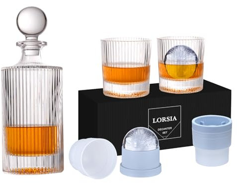 Whiskey Decanter Set with Gift Box - Includes 2 Crystal Bourbon Glasses and 2 Big Ice Ball Molds - Whiskey Glasses Set for Scotch, Cocktails, Rum, Cognac, Vodka - Unique Gift for Men