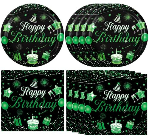 40 PCS Green and Black Birthday Decorations Black and Green Theme Happy Birthday Disposable Tableware Green Paper Plates Napkins for Men Woman Happy Birthday Party Supplies, 1