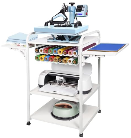 Prime Vinyl 3-stöckiger beweglicher Wärmepressetisch für alle Schneidemaschinen mit Vinylrollenhaltern, Heat Press Stand für DIY Basteltisch, Heat Press Machine mit klappbarem Regal