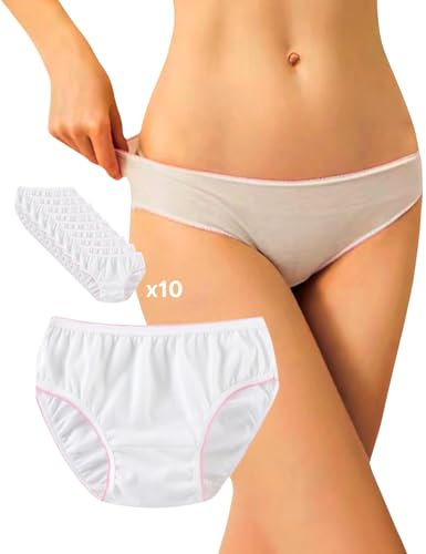 goMinisan Braguitas para mujer, 10 unidades, confeccionadas individualmente, 100% algodón, desechables, para hospital, maternidad, postparto, braguitas gestantes, Color blanco., XL