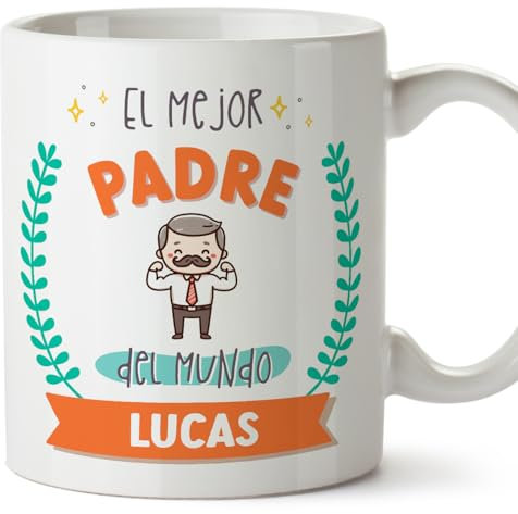 MUGFFINS Tazas Personalizadas para PADRE/PAPÁ - En Español - Mejor del mundo - Con dibujo - 11 oz / 330 ml - Regalo personalizable original y divertido