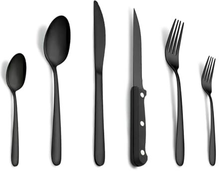 Pleafind Noirs Couverts avec couteau a steak, 72 pièces couverts de table pour 12 personnes, couvert en argent comprenant cuillère, couteau, fourchette, set couverts de table inox, lave-vaisselle