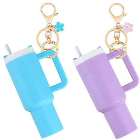 Tmtains 2Pcs Mini Tumbler Keychain Chapstick Holder Accessories for Stanley Cup Key Ring Funny Cute Cup Key Chains for Women, Tumbler Blue&purple, S
