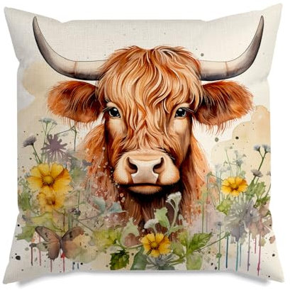 UTXN Highland Cow Kissenbezug 45 x 45 cm – Schottisches Dekokissen mit Blumenmuster, Deko für Couch, Sofa, Wohnzimmer, Outdoor-Geschenk für Frauen (45 x 45 cm)