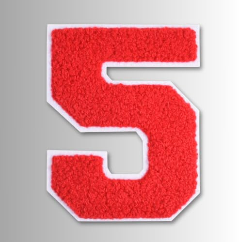 QianSiLi 4.5 Inch Chenille Iron On Patches for Clothing Embroidered Patch Iron On Numbers for Football Shirts Clothes Jacket Hoodie Varsity (Red,5)