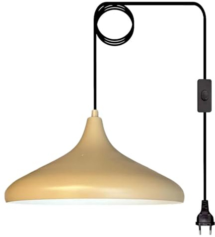 bamyum Champion Hängelampe Beige mit Stecker 35 cm, Pendelleuchte mit EU-Stecker, Hängeleuchte Metall, 450 cm Kabel, Schalter, Küchenlampe