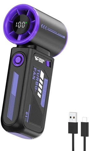 Smiling Shark TF-01 Turbo Ventilador de Mano, Turbo Power 10m/s Alta Velocidad Ajustable de 1-100 Mini Ventilador Portatil de Mano [Máximo 12H] con Pantalla Digital para Viajes/Conciertos/Exterior