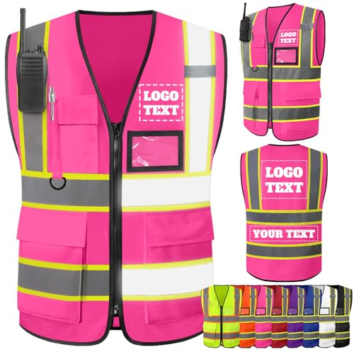 Gridachi Warnweste Sicherheitsweste mit Personalisierte Logo Text-individuellem Reflektierende,gut sichtbare,zweifarbige Arbeitsweste für Herren,Baujackenwesten mit Reißverschlusstaschen