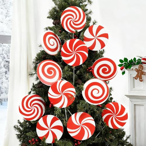 12Pcs Large Candy Christmas Decorations Peppermint Lollipop Christmas Picks for Christmas Tree, 7.87 Red and White Candy Ornaments, Plastic Candyland Tree Topper for Xmas Holiday Party Vase Decor